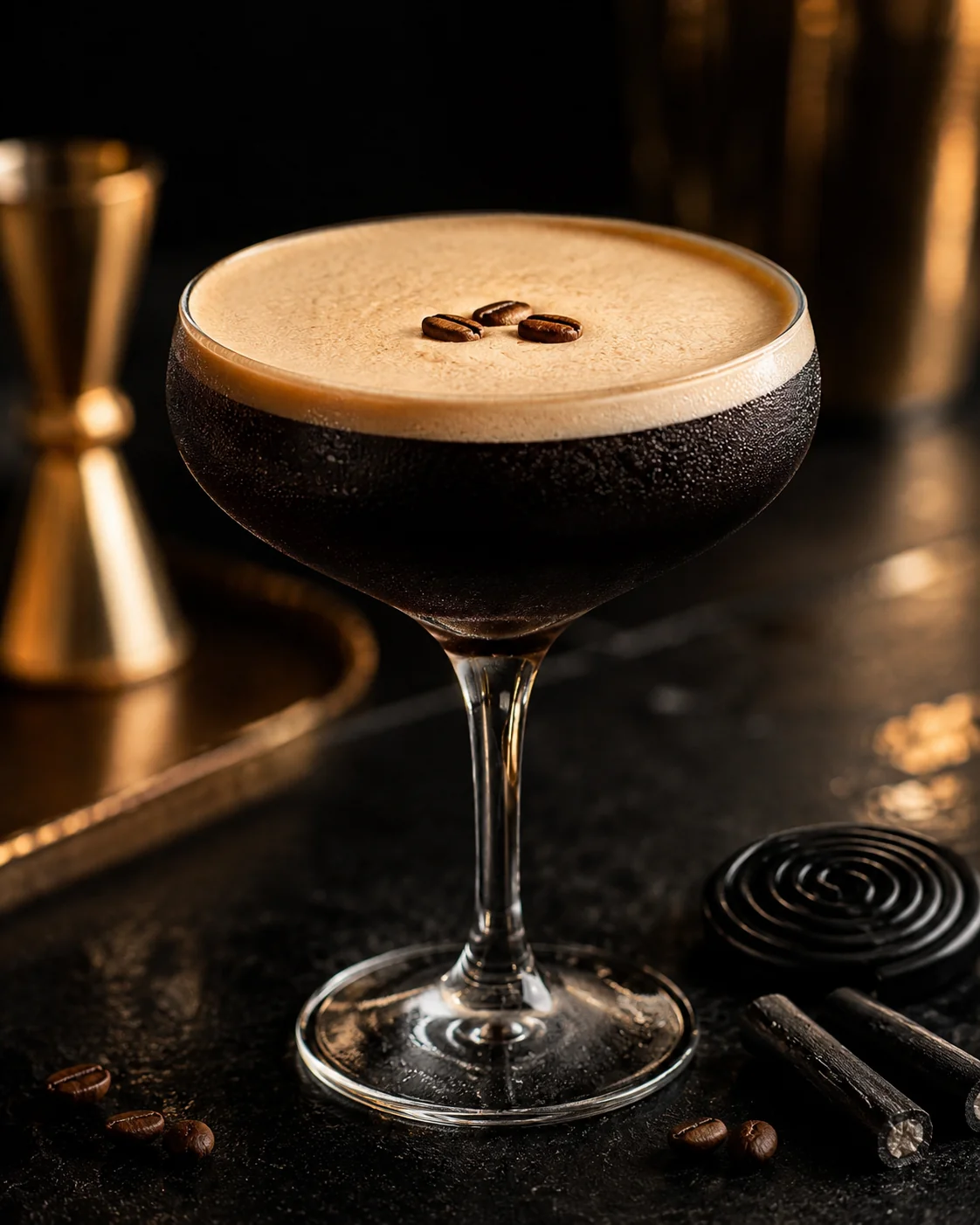 Lakritz-Espresso Martini mit drei Kaffeebohnen auf der Crema